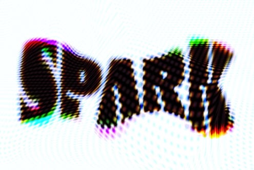 3D text with horizontal scan lines in rainbow color effect, soft focus