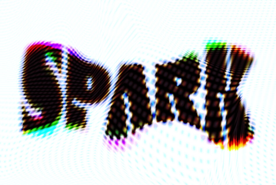 3D text with horizontal scan lines in rainbow color effect, soft focus