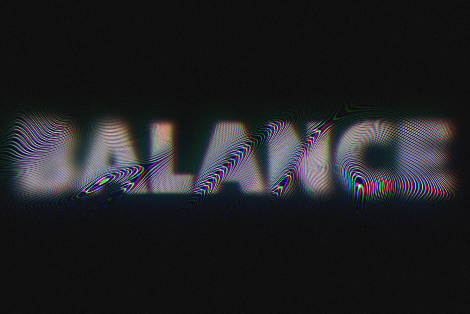 Glitchy text with RGB scan lines on dark background