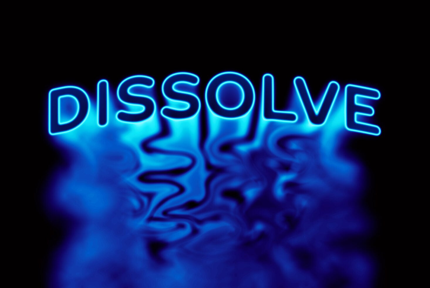 Glowing cyan neon DISSOLVE text melting into wavy liquid effect
