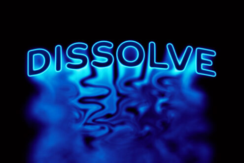 Glowing cyan neon DISSOLVE text melting into wavy liquid effect