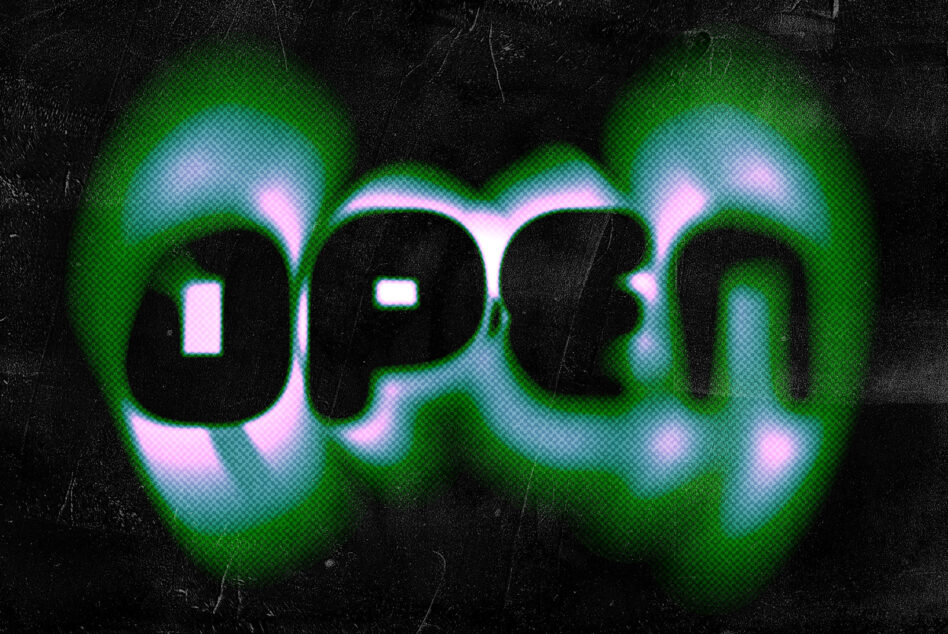 Open text effect showing OPEN with green pink glow over liquid background