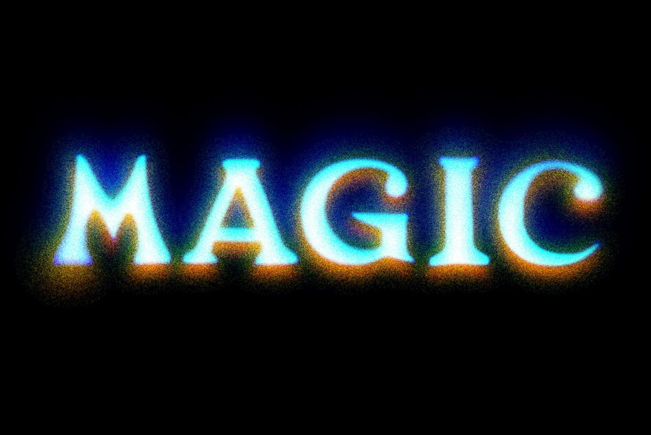 Magic text in cyan orange glowing neon with grainy texture on black