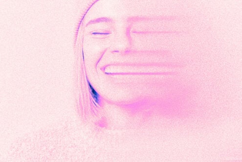 Profile view face magenta pink grainy texture fading effect