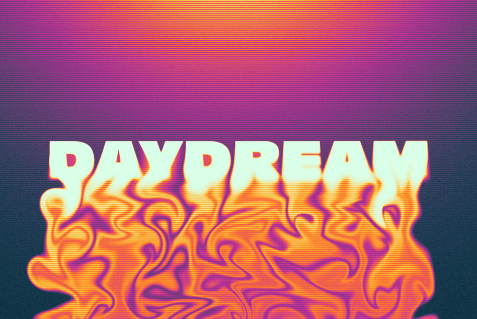 Daydream text with liquid distortion effect on purple to orange gradient