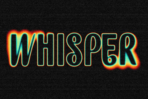 Whisper neon text cyan orange glow scanlines on dark grainy surface