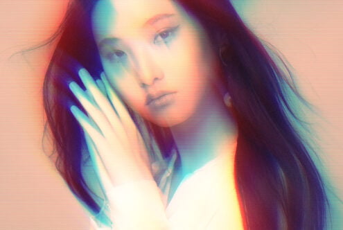 Softly blurred portrait with horizontal scan lines in pastel neon tones