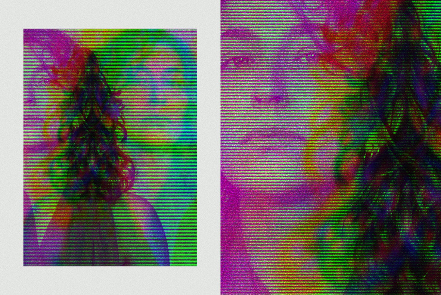 Two versions of same portrait with horizontal scanline glitch effect