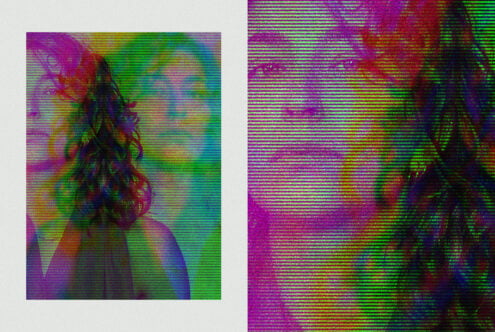 Two versions of same portrait with horizontal scanline glitch effect
