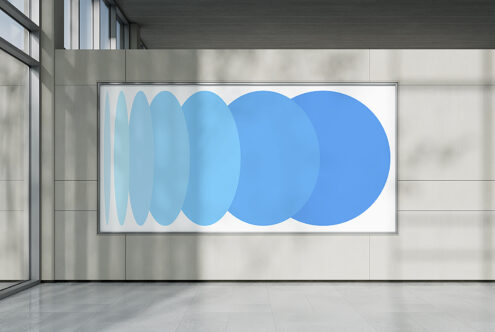 Large abstract wall art with overlapping blue circles in modern interior design environment ideal for graphics templates mockups for designers.