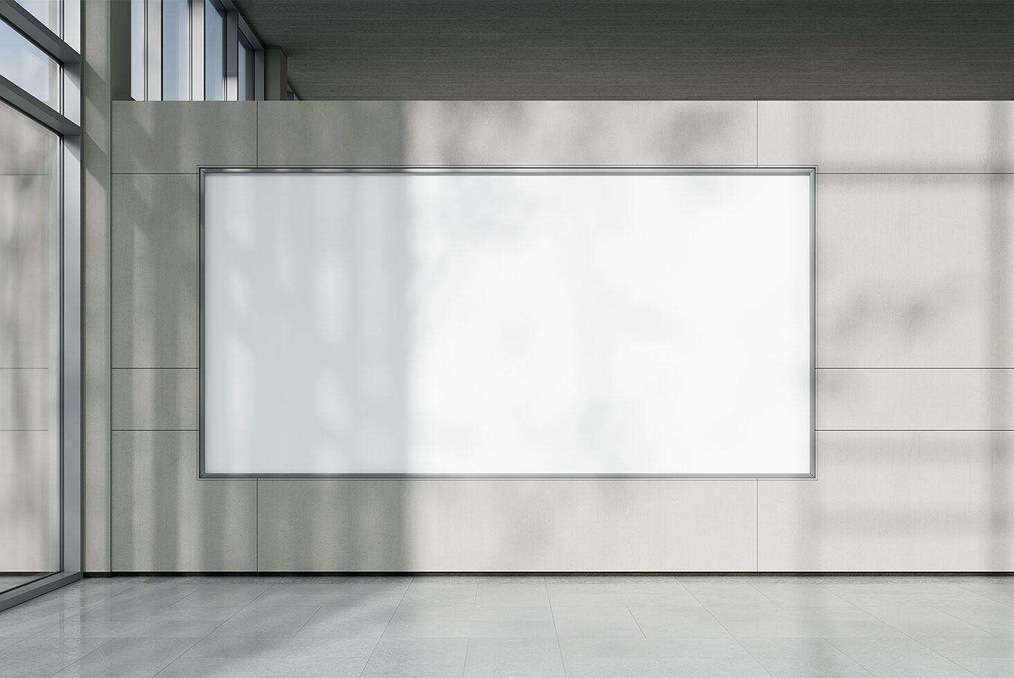 Large blank whiteboard mockup in modern office setting with natural light perfect for presenting design concepts or interior graphics.