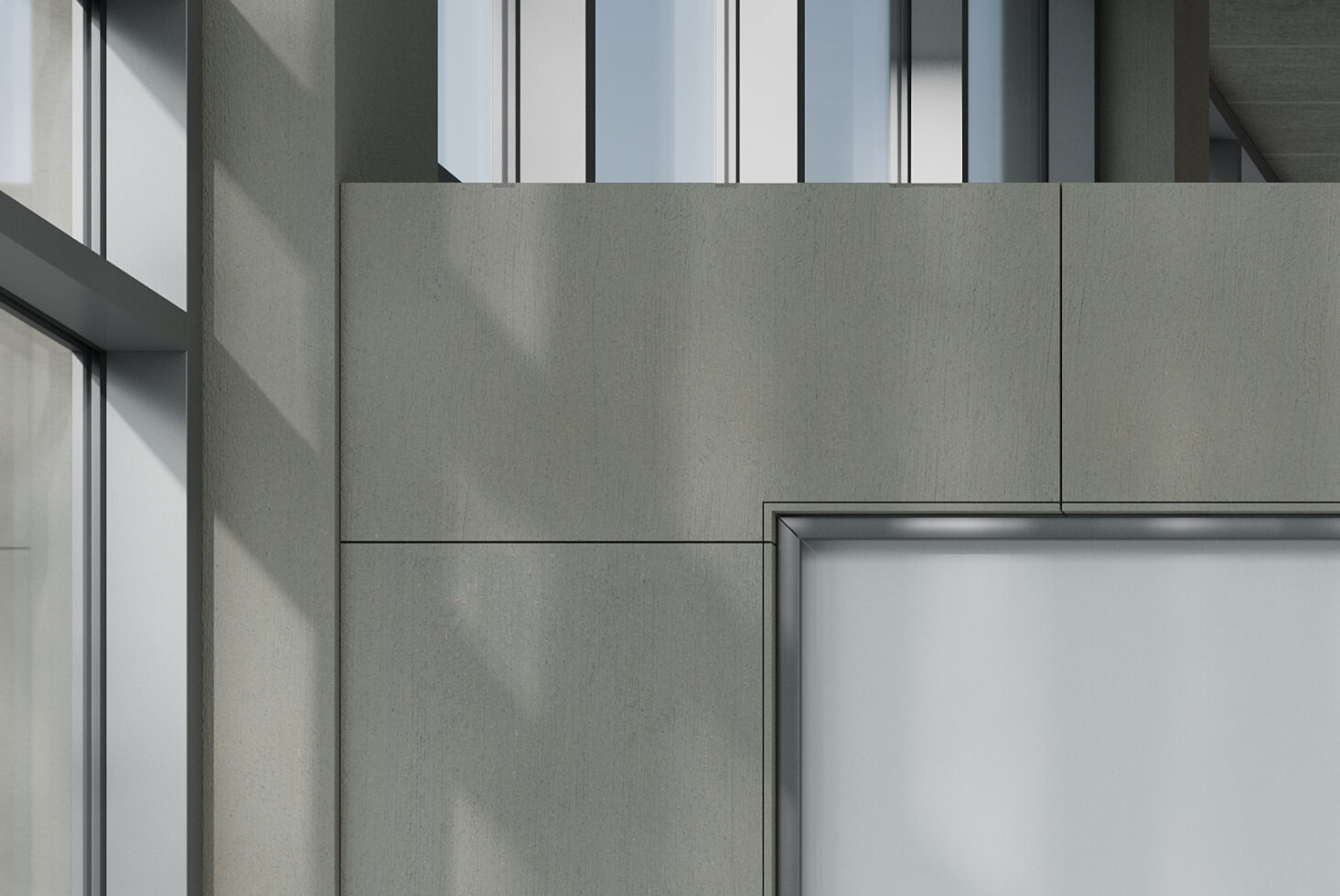 Modern building facade with gray concrete panels and large glass windows showing shadows. Perfect for architectural mockups and design inspiration.