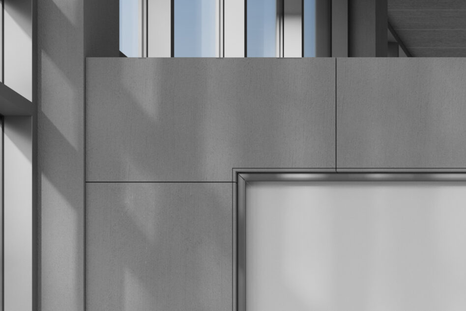 Minimalist interior poster mockup blank white frame against textured gray wall bright windows