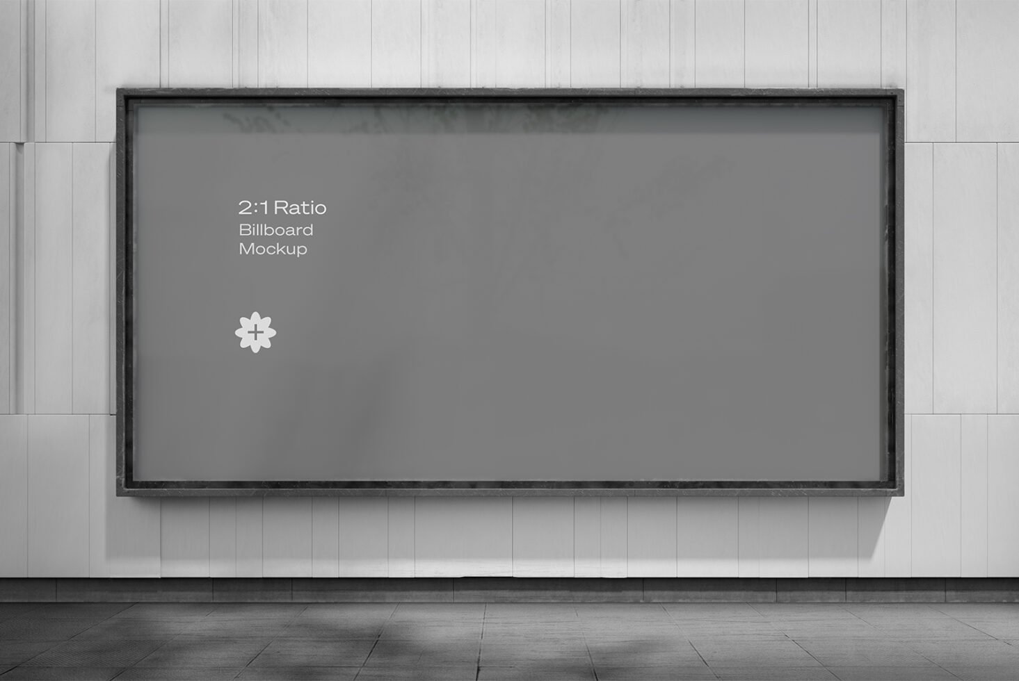 2 to 1 Ratio Billboard Mockup on white wall background with shadow; realistic digital display; ideal for showcasing advertisements; graphic design tool