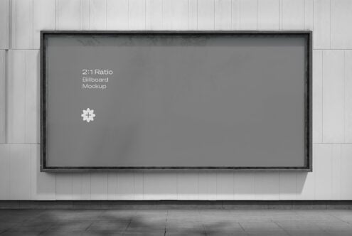 2:1 ratio billboard mockup with dark gray display on minimal wall