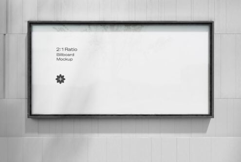 2:1 ratio billboard mockup with black frame on white wall interior
