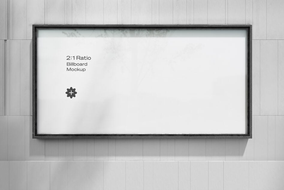 2:1 ratio billboard mockup with black frame on white wall interior
