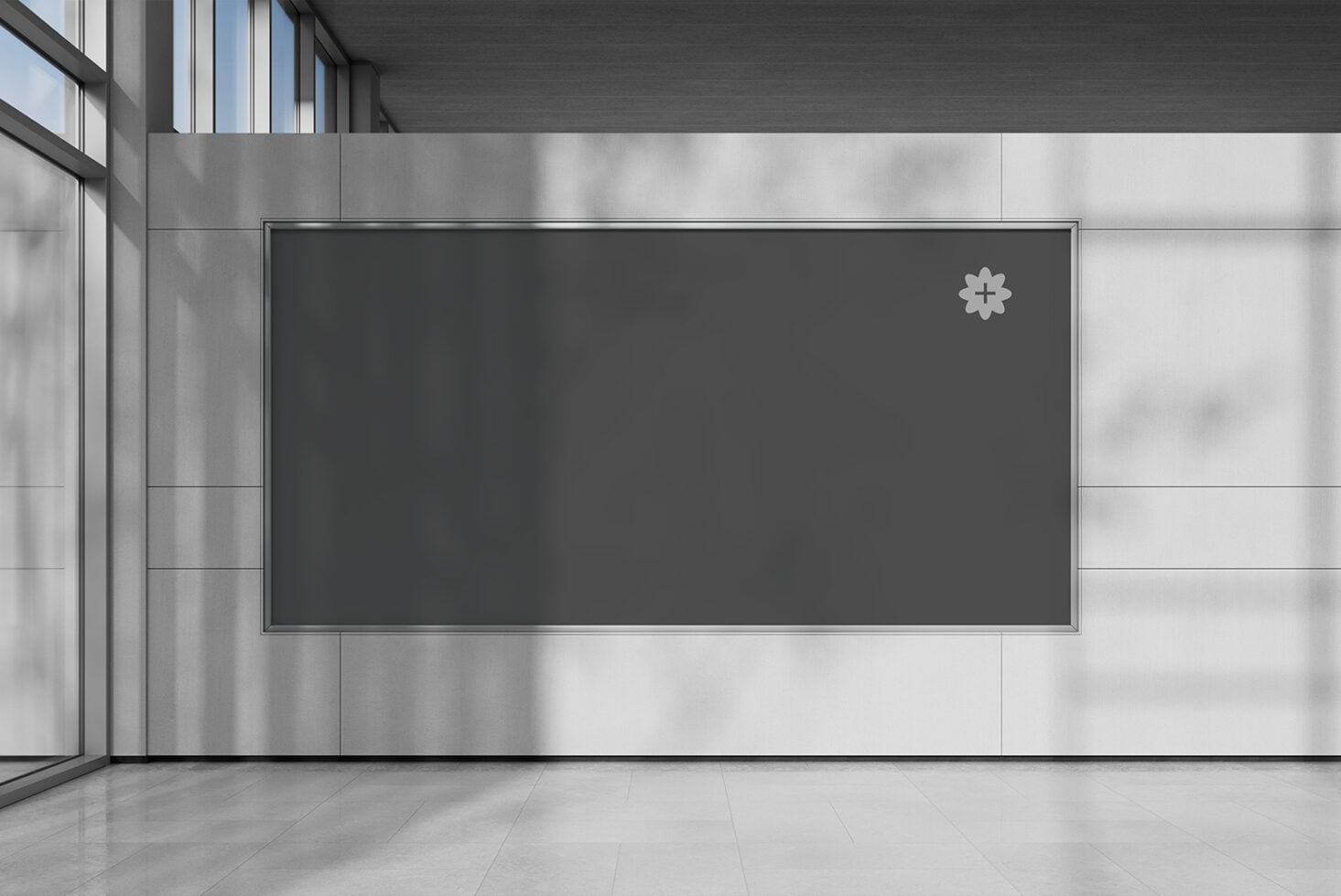 Wide billboard mockup on dark interior wall with metal frame detail
