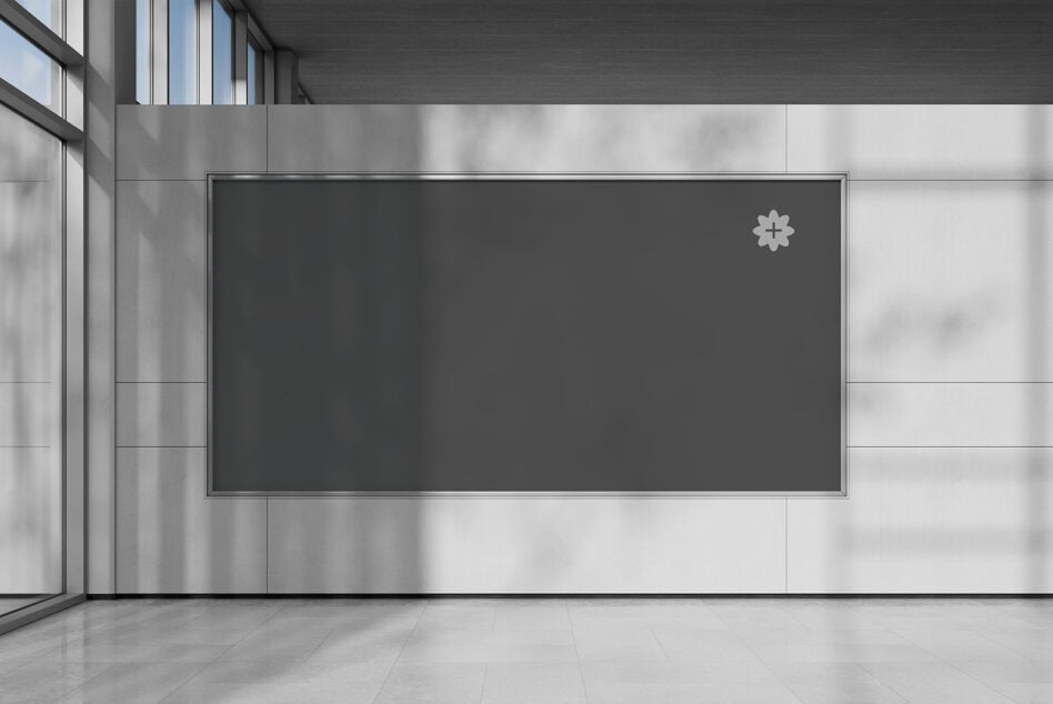Wide billboard mockup on dark interior wall with metal frame detail