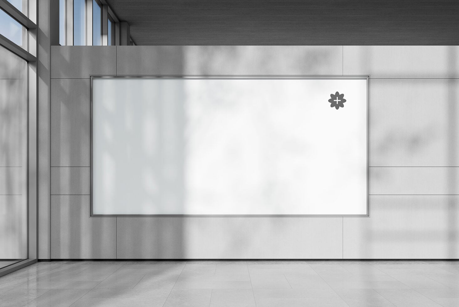 Wide horizontal billboard mockup in modern office space with windows