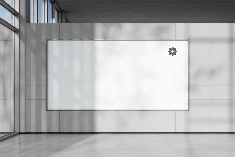Wide horizontal billboard mockup in modern office space with windows