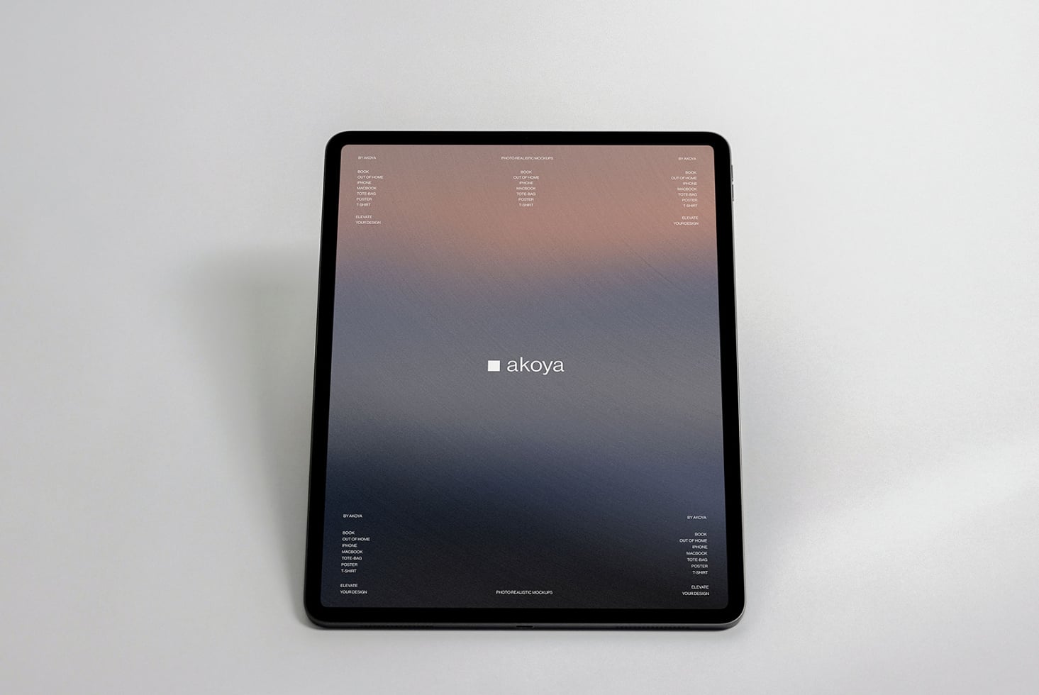 iPad on neutral background showing Akoya brand interface with gradient design