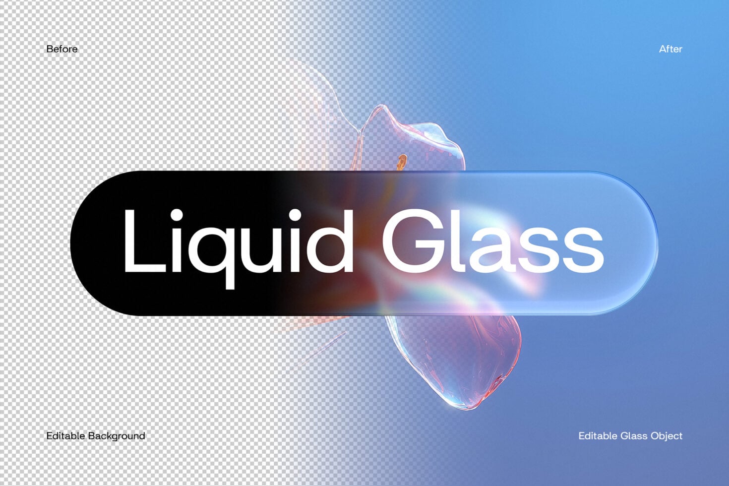 Liquid Glass text effect mockup showing before, after states with editable glass objects