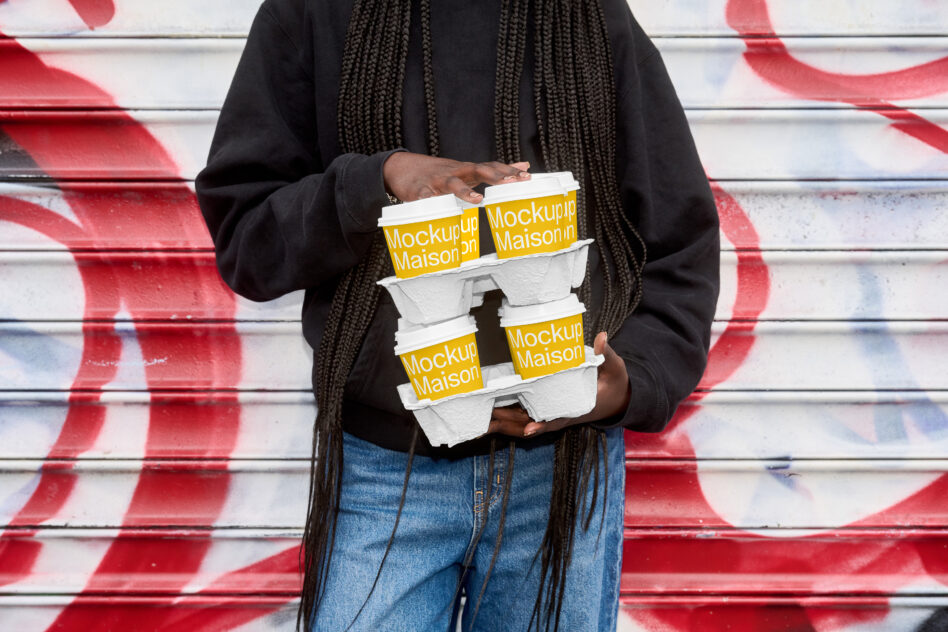 Stacked white egg carton mockups with yellow band held against red striped wall