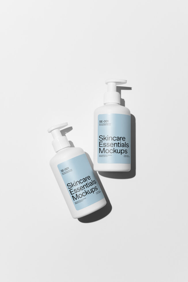 Two white pump bottles in angled view with blue label mockups for skincare