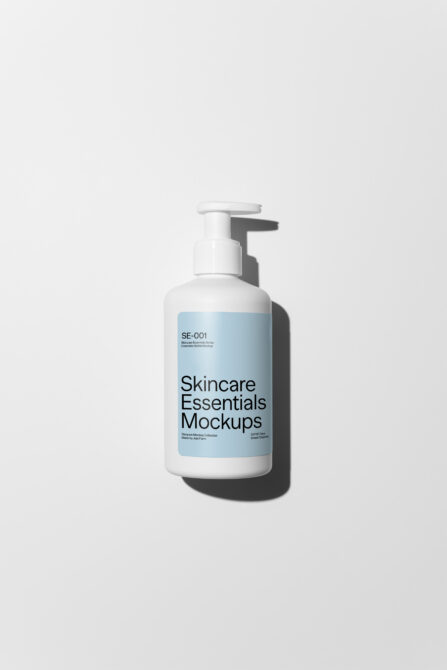Single white pump bottle with blue label displaying Skincare Essentials Mockups SE-001