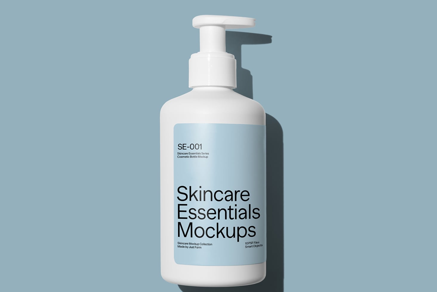Large white pump bottle on blue background with Skincare Essentials Mockups label