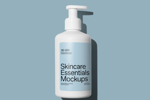 Large white pump bottle on blue background with Skincare Essentials Mockups label