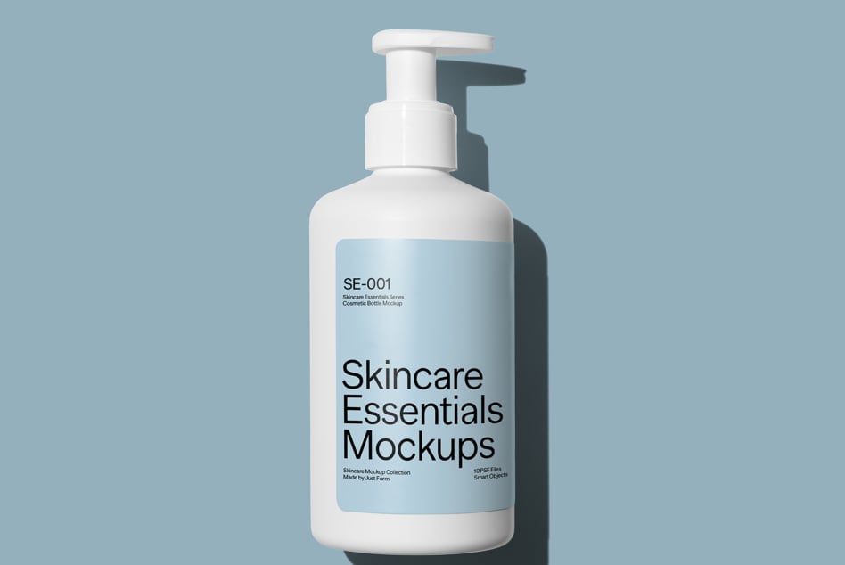Large white pump bottle on blue background with Skincare Essentials Mockups label