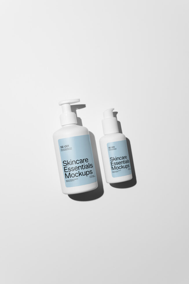 Two pump bottles side by side on neutral surface