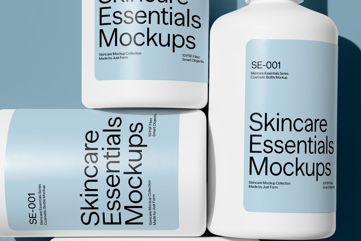 Skincare bottle mockups in white with blue label details on minimal background