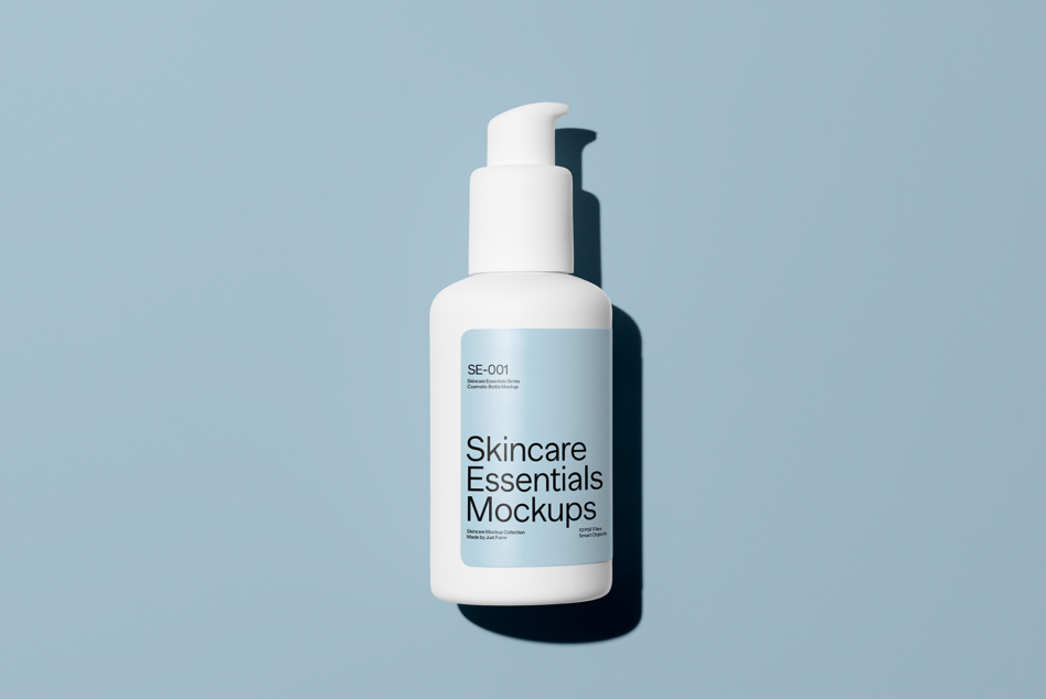 Skincare bottle mockup featuring minimalist design on light blue background perfect for product presentations packaging mockups graphic design resources.