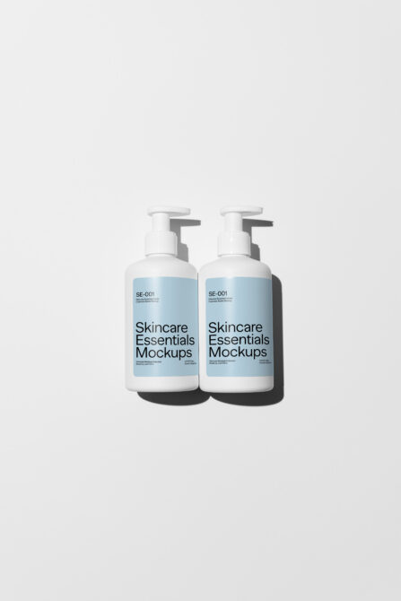 Two white pump bottles side by side with light blue label design