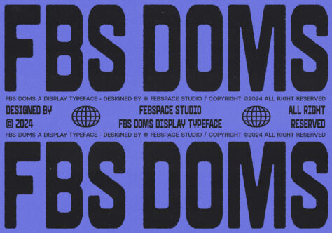 FBS Doms bold stacked letters in dark on blue background, typeface specimen display