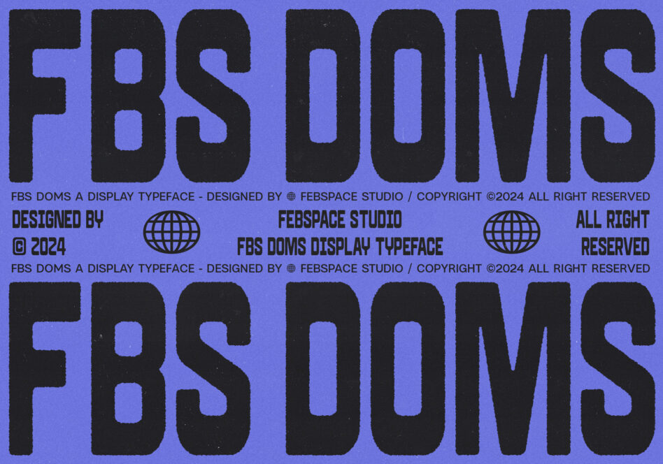 FBS Doms bold stacked letters in dark on blue background, typeface specimen display