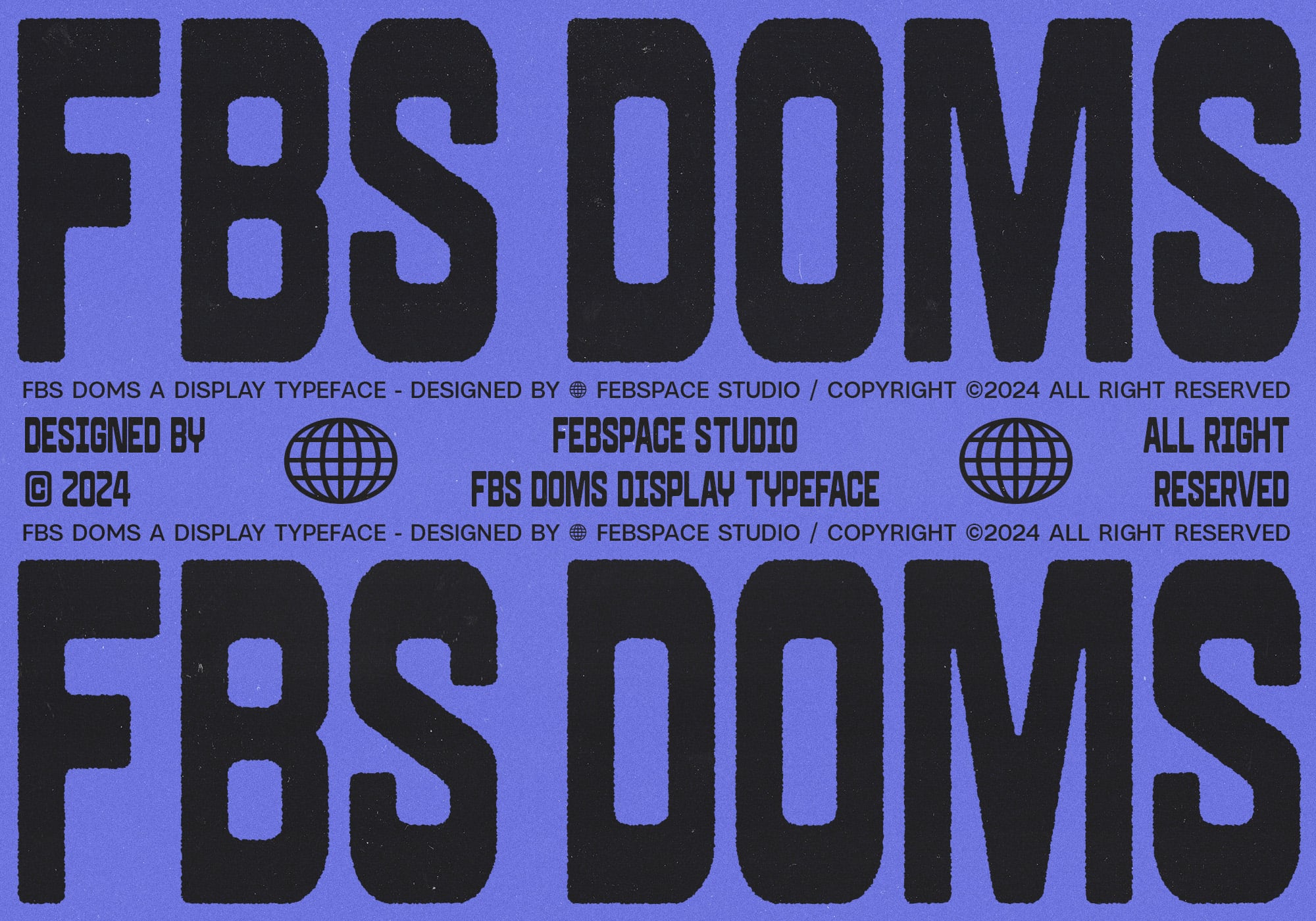 FBS Doms bold stacked letters in dark on blue background, typeface specimen display