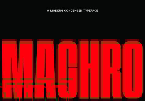 Bold red Machro text on black background featuring a modern condensed typeface font design ideal for graphic designers looking for impactful typography.