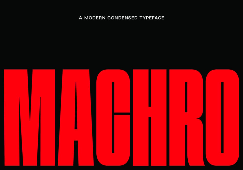 Machro typeface specimen in bold red letters on dark background, modern condensed font