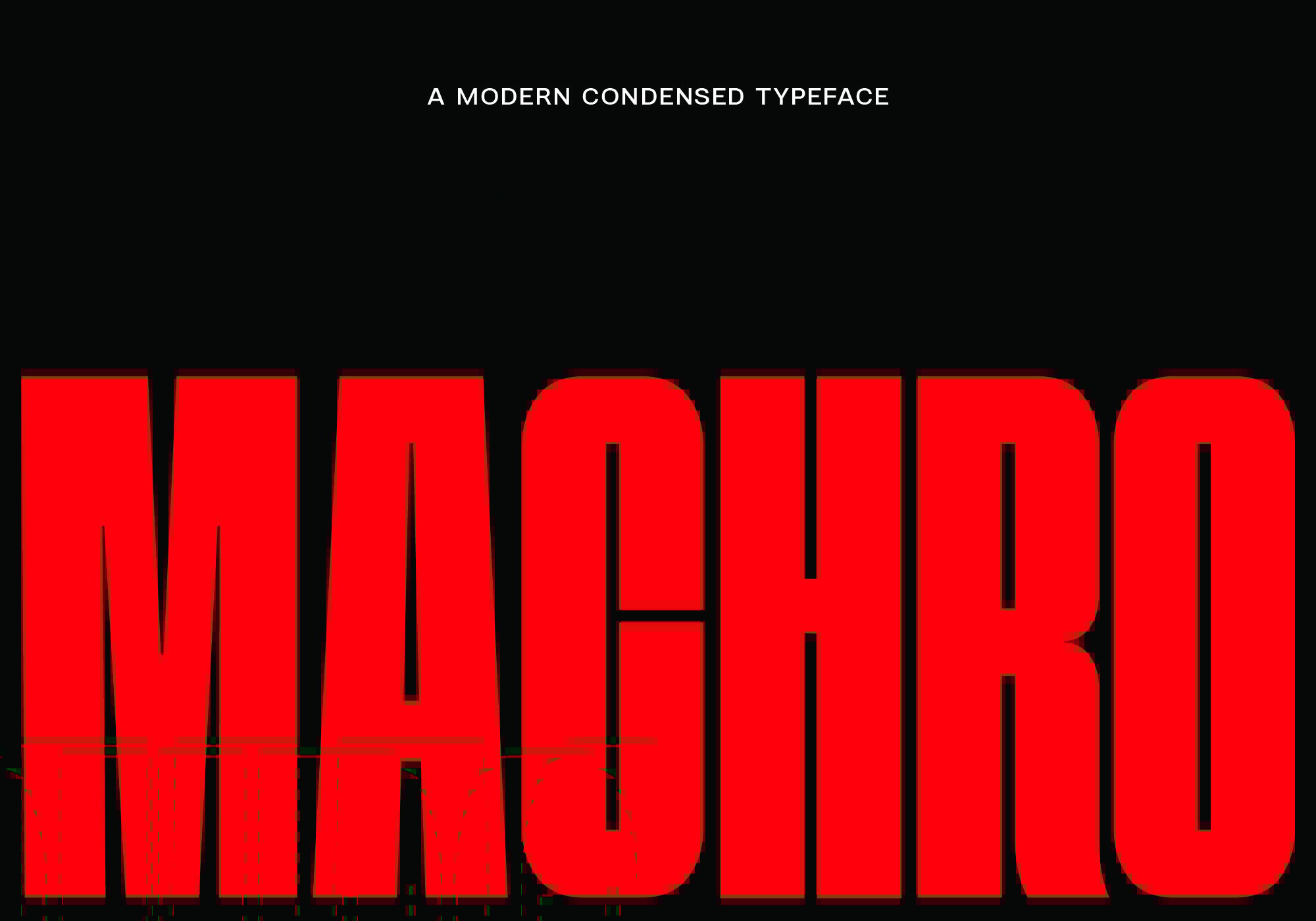 Bold red Machro text on black background featuring a modern condensed typeface font design ideal for graphic designers looking for impactful typography.