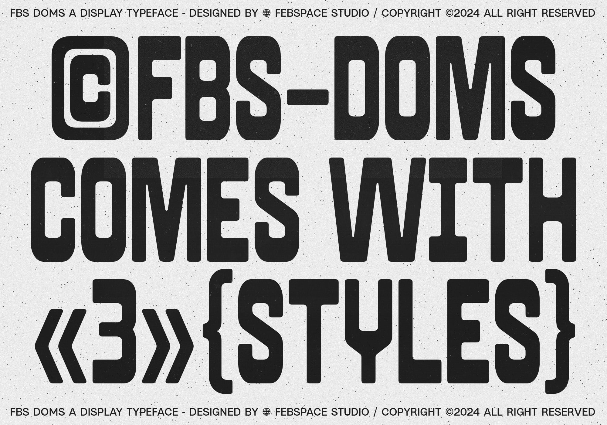 GFB5 Doms display typeface shown in uppercase with brackets on textured light background