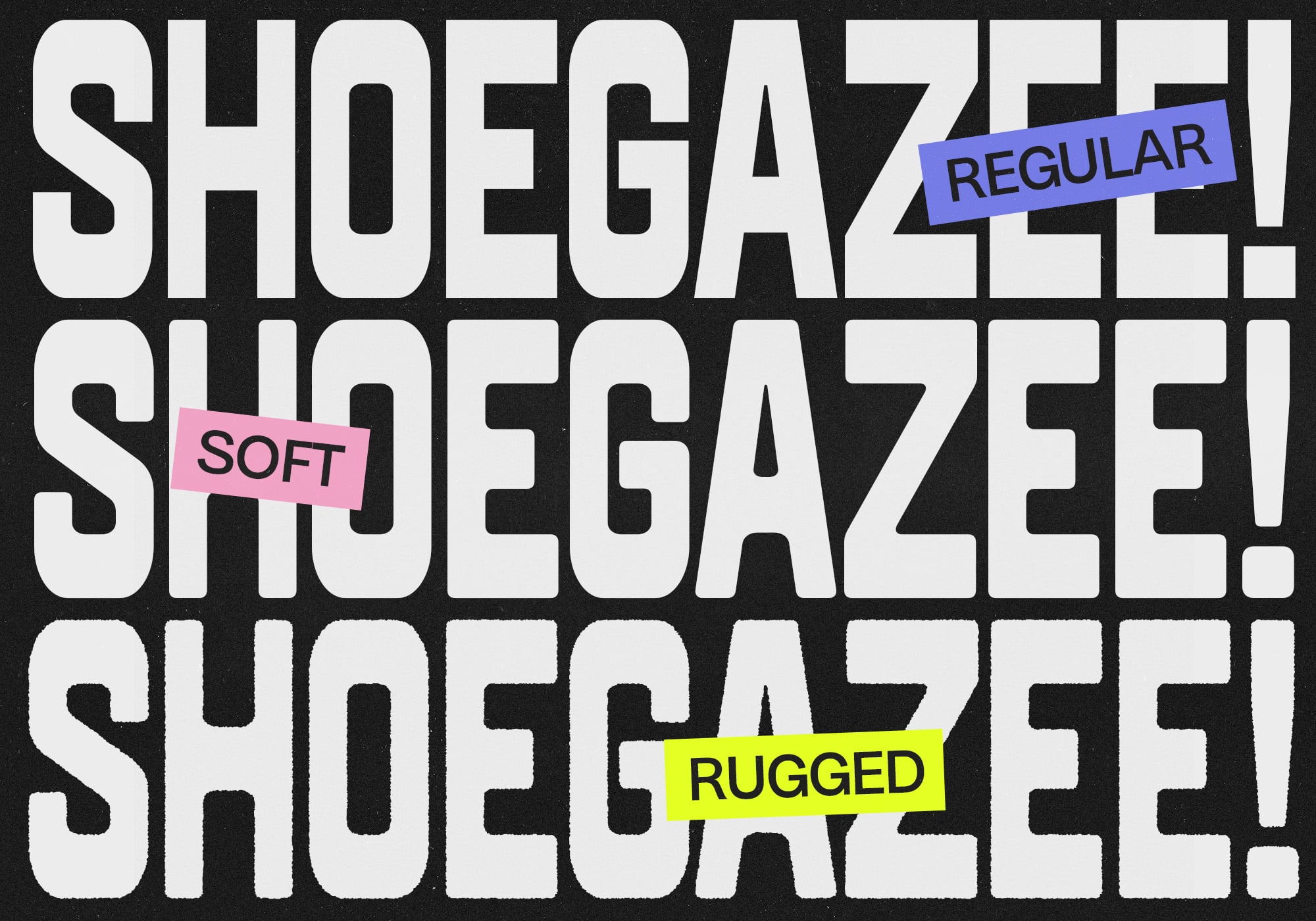 Shoe Gazelle font three weights Regular Soft Rugged with colored label flags on black