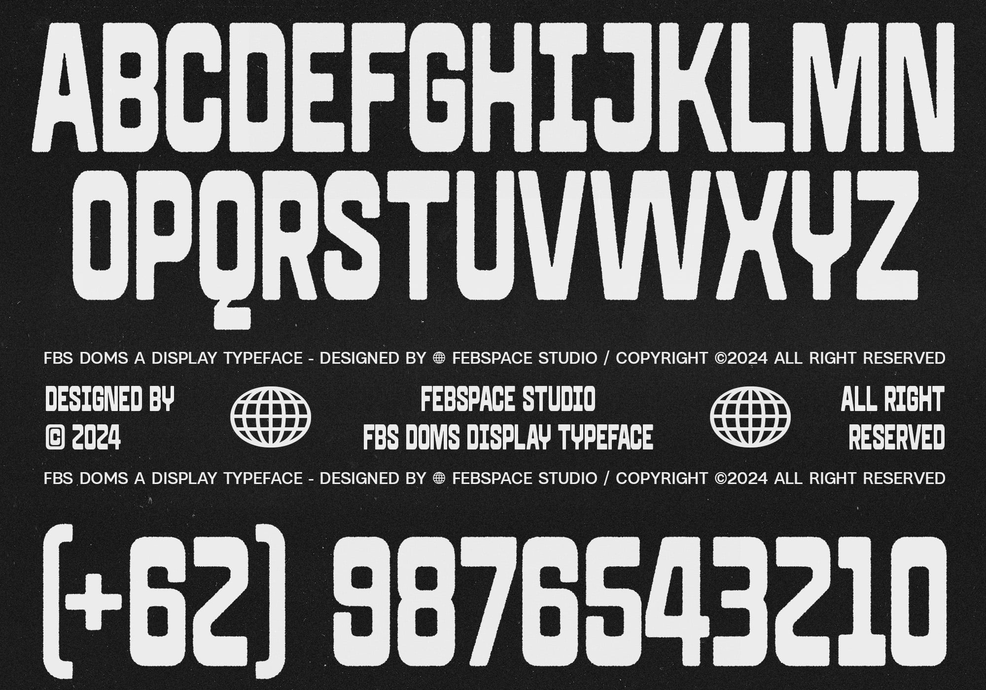 White sans serif FBS Doms full alphabet with phone number on dark background