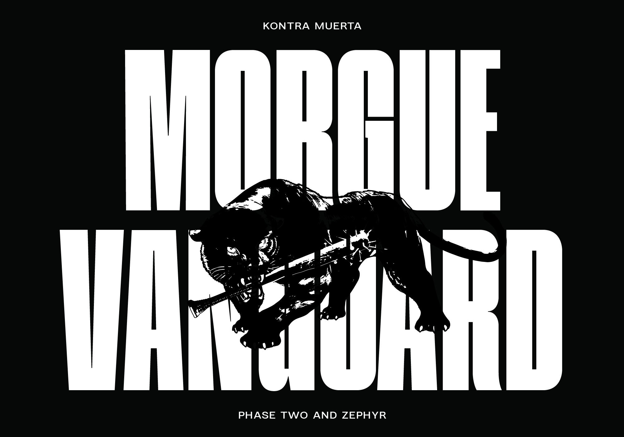 Bold graphic design with black panther illustration overlaying large white text Morgue Vanguard for creative templates and marketing assets. Keywords: graphics design template panther illustration bold text overlay creative designers.