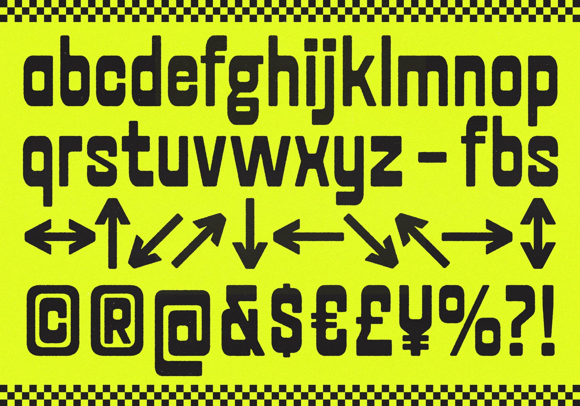 Neon yellow specimen sheet showing FBS Doms lowercase, arrows, currency symbols with checkerboard