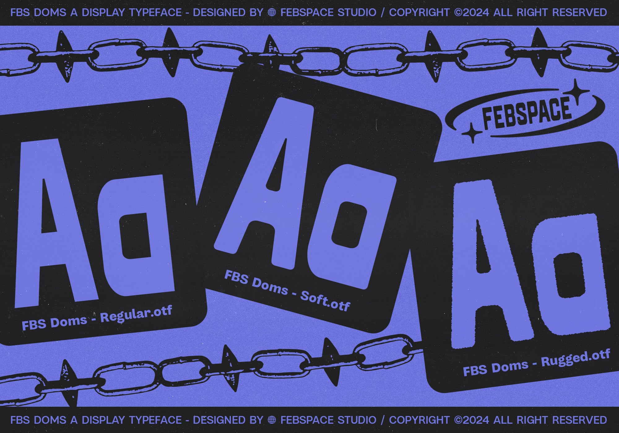 FBS Doms typeface shown on three stacked cards with spiked chain border on blue background
