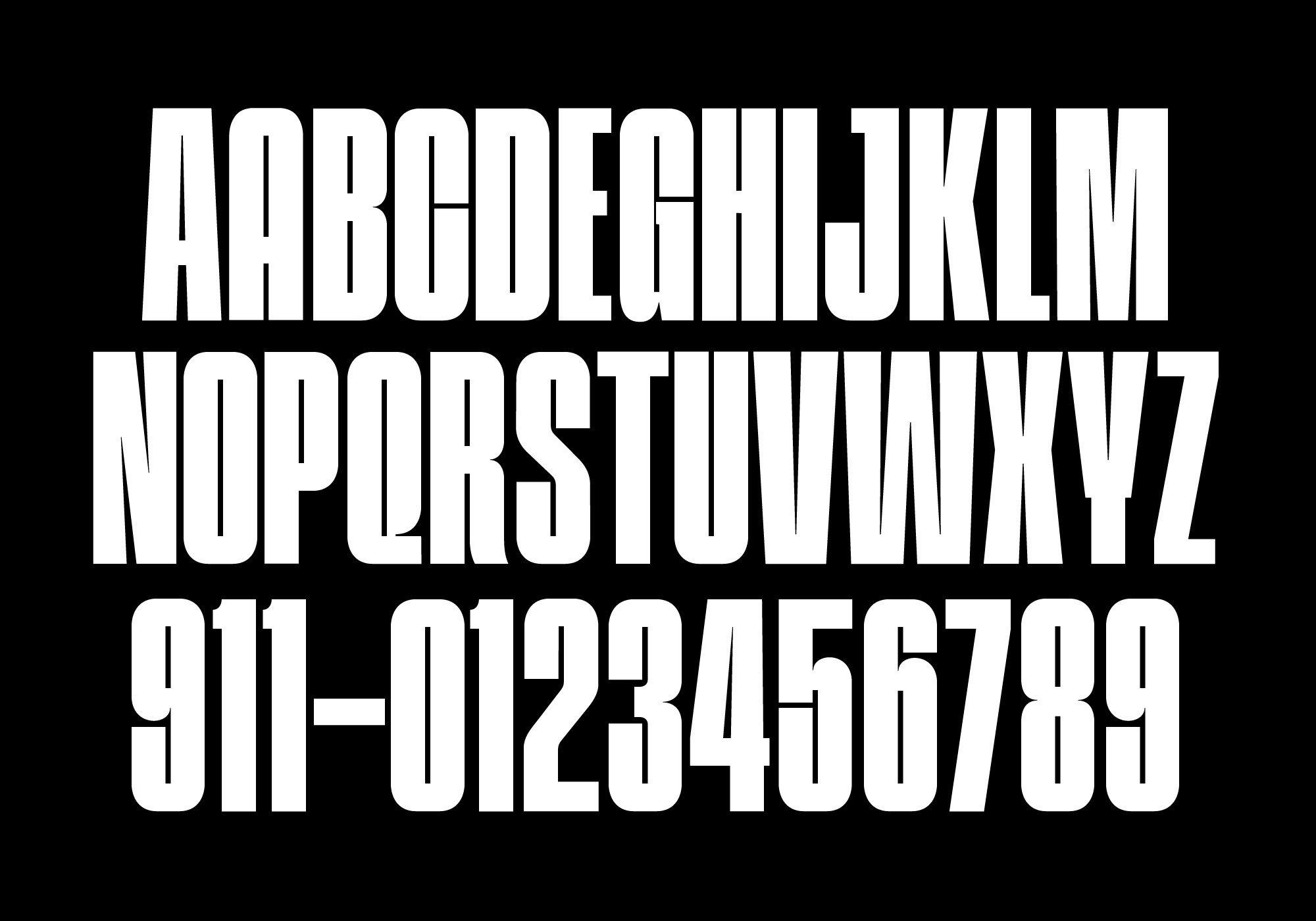 Bold sans-serif font alphabet and numbers displayed on a black background. Ideal for branding templates or graphic design projects. Typographic asset.